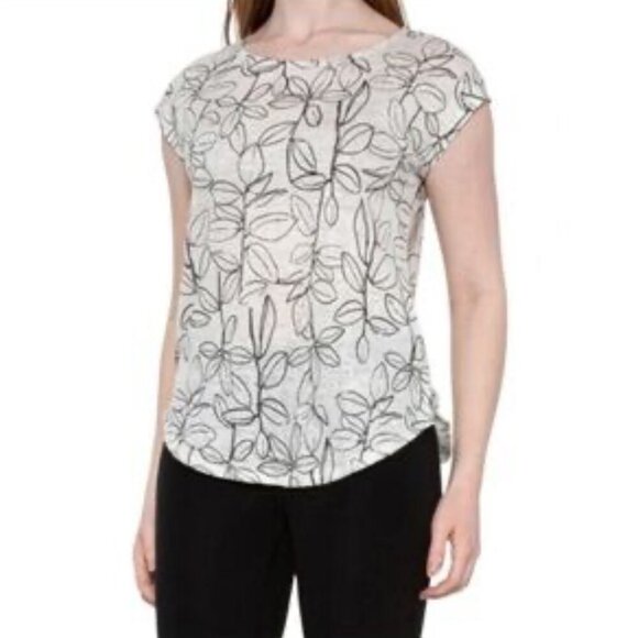 Orvis Linen Blend White Botanical Cap Sleeve Top D8 - Picture 1 of 5